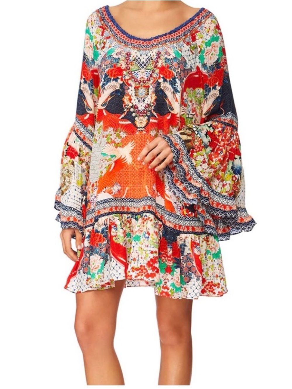 Camilla Geisha Floral Multicolor Bell-Sleeve Mini Dress
